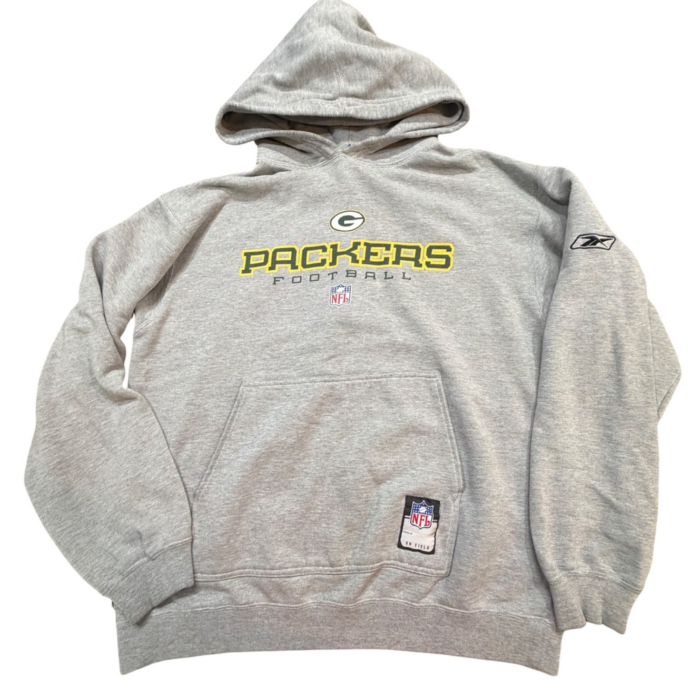 Reebok Green‎ Bay Packers NFL Hoodie Mens Medium Gray Football Sweatshirt